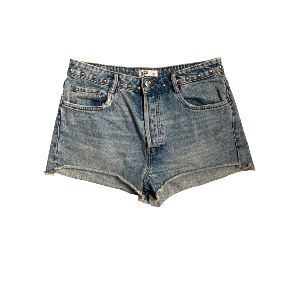 Zara TRF Studded Denim Shorts Light Wash High Waist Raw Hem Blue Womens Size 10